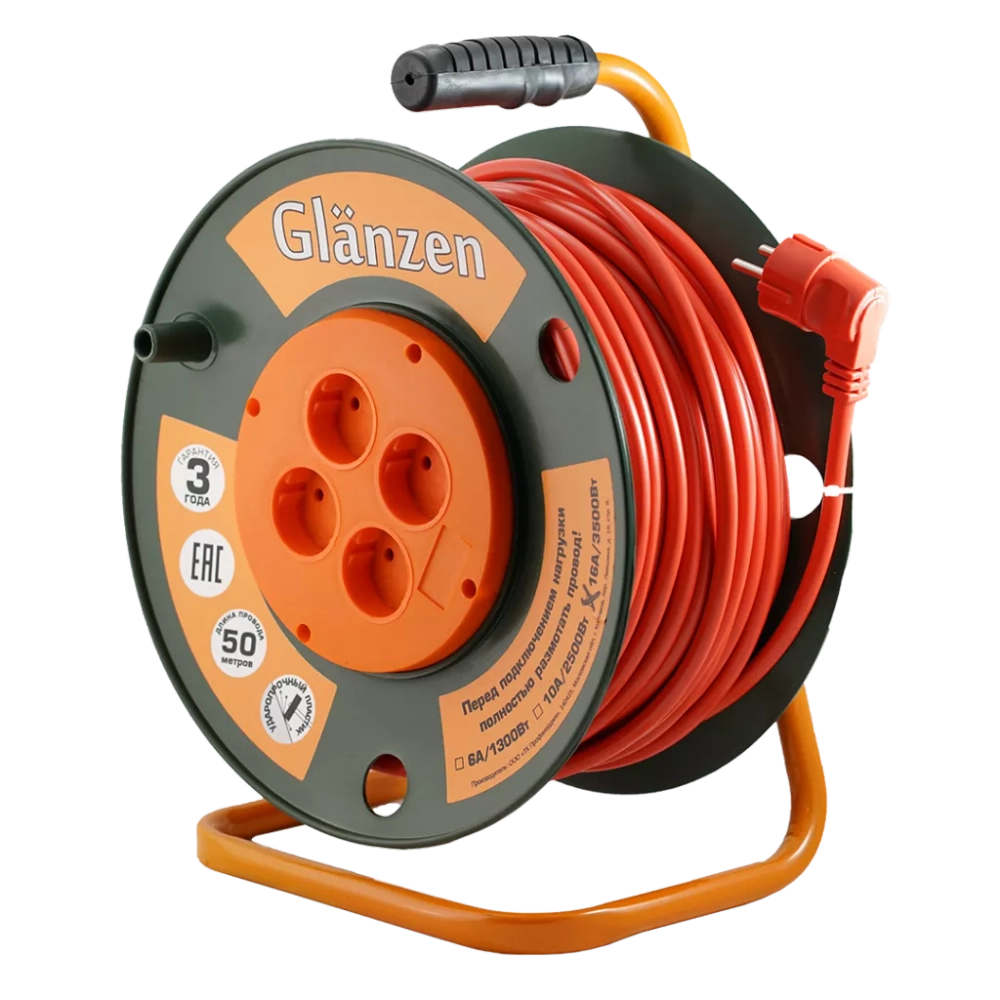 Удлинитель силовой на катушке GLANZEN 4 гн. ПВС 2х2,5 арт. EB-50-008