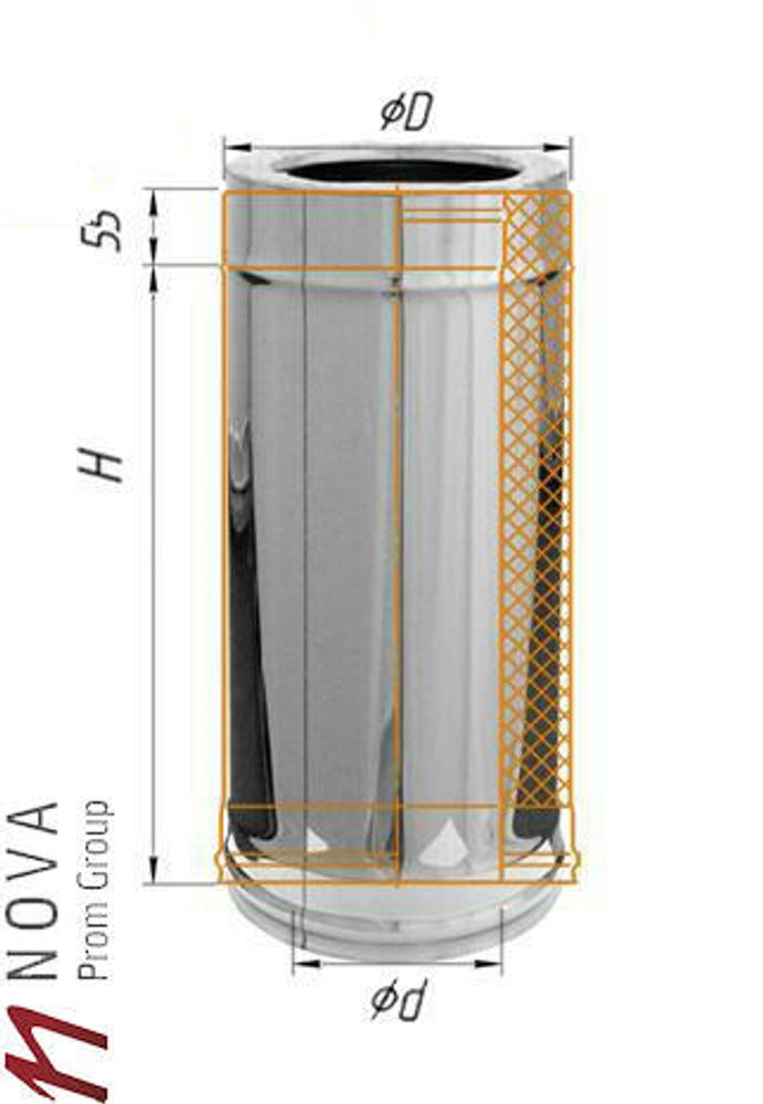 Дымоход Феррум утепленный нержавеющий (430/0,5мм)/зеркальный нержавеющий ф200/280 L=0,25м по воде