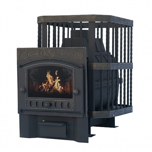 Печь для бани чугунная Сибирь-24 каминная дверка (кованная сетка)
