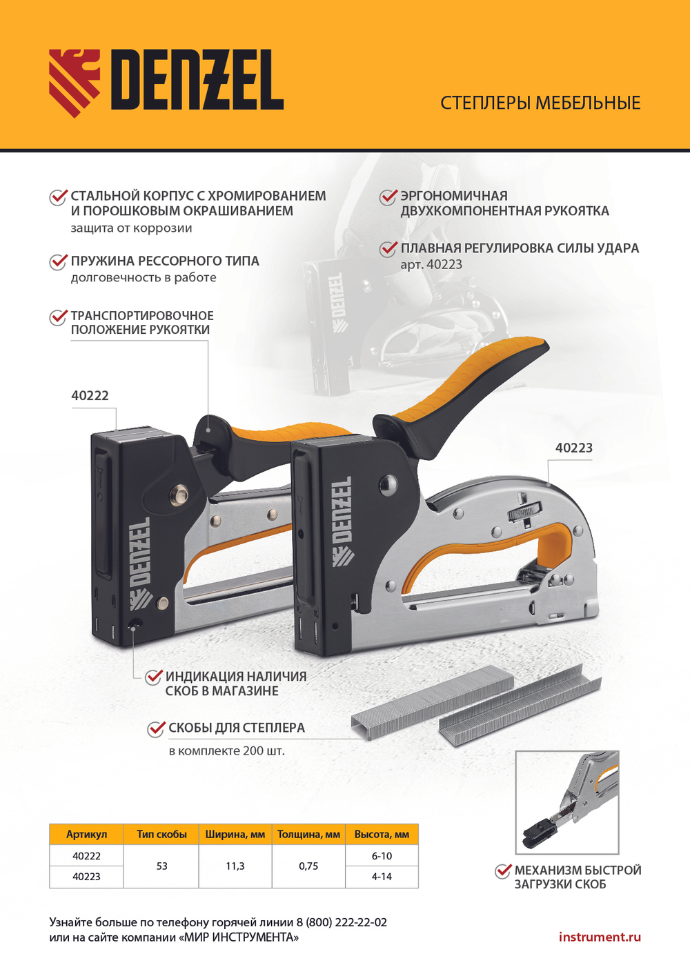 Степлер металл., скобы в комплекте, плавная регулировка удара, 2К рукоятка, тип 53, 4-14 мм Denzel