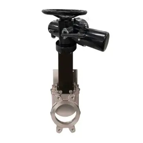 Задвижка шиберная DN.ru GVKR3131V-2W-Fb-ОСТ Ду100 Ру16 межфланцевая с ОСТ-фланцем тип АК и круглым штоком, нержавеющая сталь 304, уплотнение - VITON, с электроприводом многооборотным DN.ru MT-N-005EM-O2-220-У1 пятикулачковым