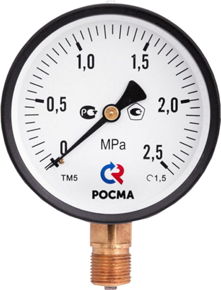 Манометр Росма ТМ-51GР.GG (G-2.5МПа) G1/2 1.5 общетехнический 1GGмм, тип - ТМ-51GР, радиальное присоединение, G-2.5МПа, резьба G1/2, класс точности 1.5