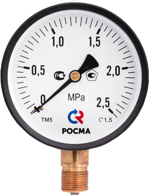 Манометр Росма ТМ-51GР.GG (G-1.6МПа) G1/2 1.5 общетехнический 1GGмм, тип - ТМ-51GР, радиальное присоединение, G-1.6МПа, резьба G1/2, класс точности 1.5