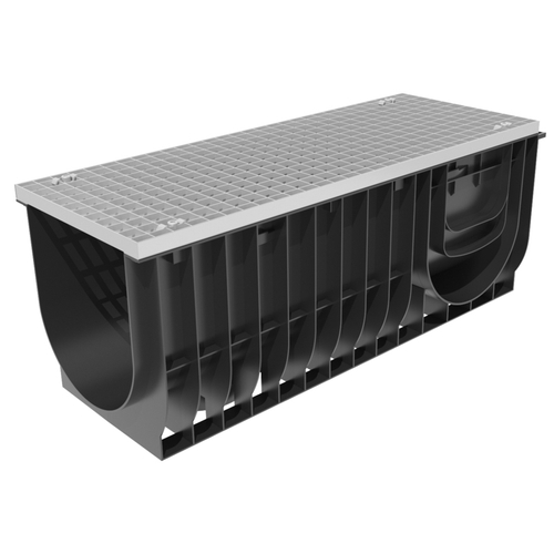 Комплект Gidrolica Light: лоток водоотводный ЛВ-30.38.39,6 - пластиковый c решеткой РВ -30.37.100 ячеистой стальной оцинкованной, кл. А15