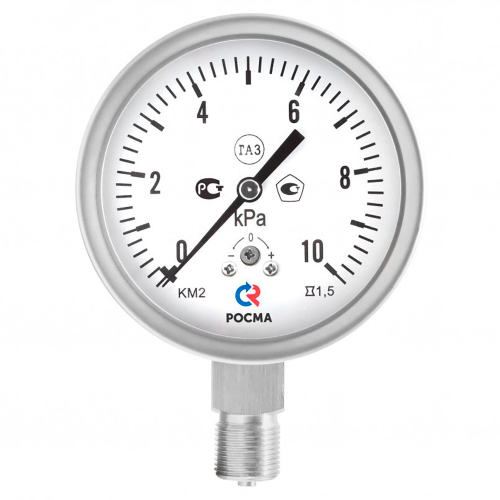 Манометр РОСМА КМ-22Р (G-2.5кПа) М2Gх1.5 1.5 IP65 Кс коррозионностойкие 1GGмм, тип - КМ-22Р КС, радиальное присоединение, G-2.5кПа, резьба М2Gх1.5, класс точности 1.5