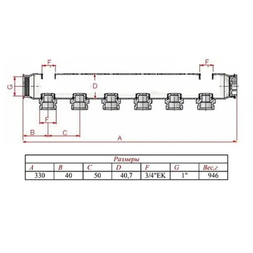 Коллектор распределительный проходной 6 отводов 1"в/в x ¾"ек Valtec VTc.505.SS.060506