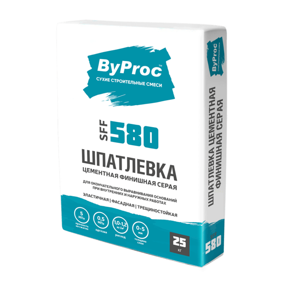 Шпаклевка цементная ByProc SFF-580 финишная серая, слой 0-2 мм, 25 кг, шт