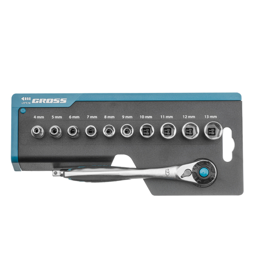 Набор торцевых головок, трещотка 120 зубьев, 1/4", CrV, 12 предметов Gross