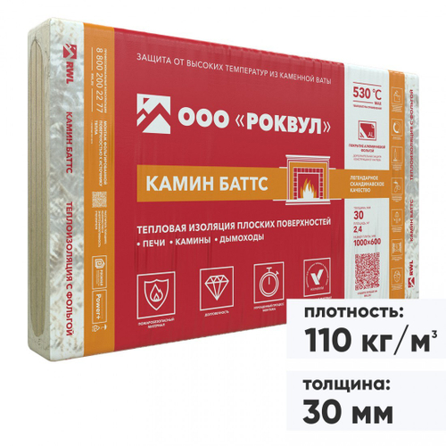 Минеральная вата Роквул Камин Баттс 110 кг/м3 1000х600х30 мм, 4 шт/упак