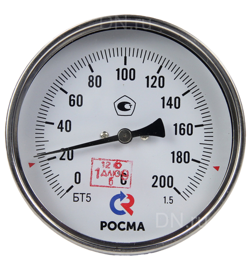 Термометр осевой Росма БТ-51.211 до 2GG°С L=2GGмм G1/2 1.5 биметаллический общетехнический 1GG мм, тип БТ-51.211, осевое присоединение, шкала G-2GG°С, длина штока L=2GG мм, резьба G1/2, класс точности 1.5, с защитной латунной погружной гильзой