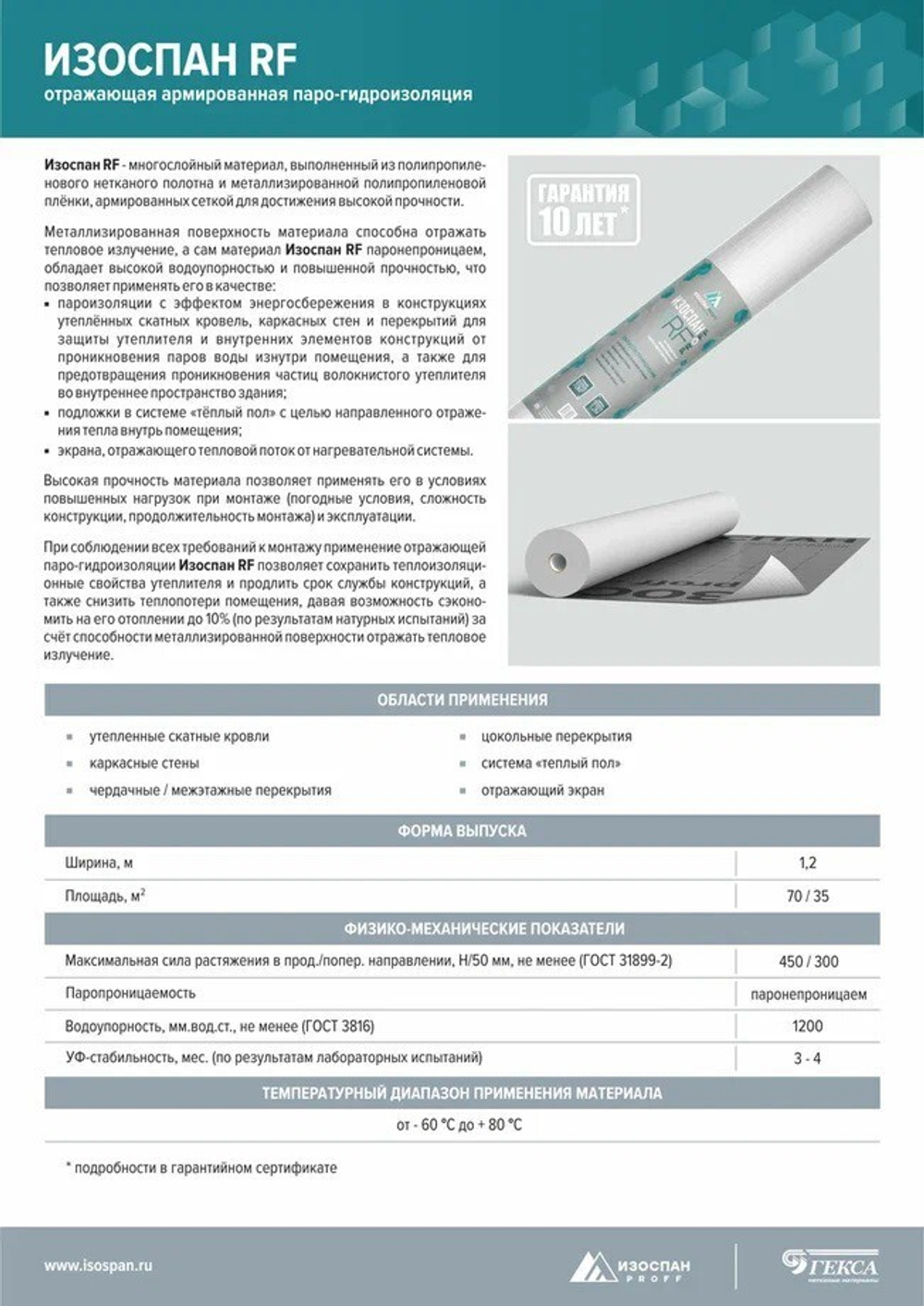 Отражающая паро-гидроизоляционная пленка Изоспан RF PROFF армированная 70 м2, рул