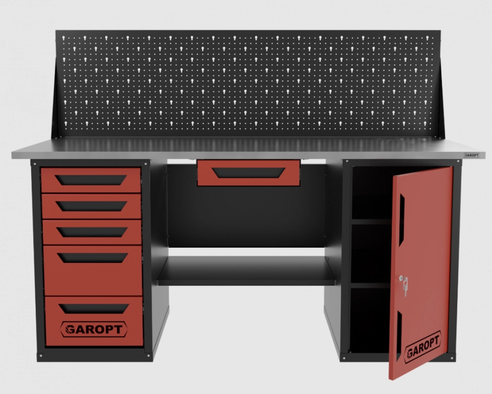 Верстак двухтумбовый дверь/5 ящиков с экраном и ящиком, красный 1800*700 Garopt, GT1800DY1Y5PP.red