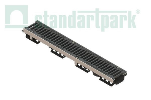 Лоток водоотводный PolyMax Drive DN100 h96 пластиковый с решеткой щелевой чугунной ВЧ кл.C (комплект)