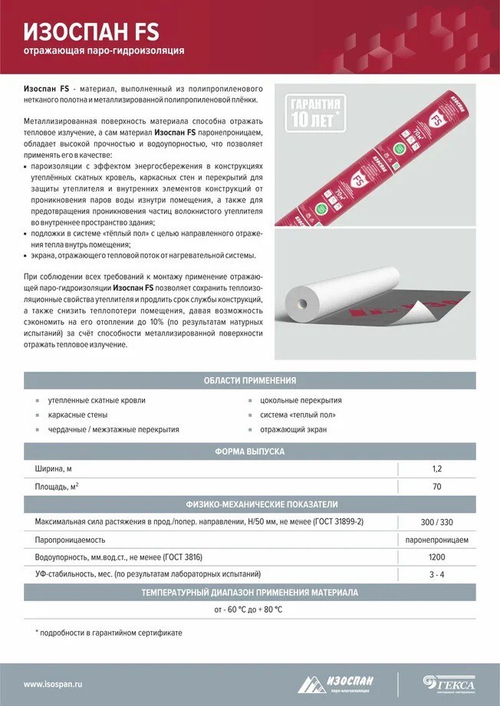 Отражающая паро-гидроизоляционная пленка Изоспан FS 70 м2, рул
