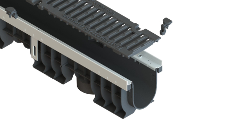 Лоток водоотводный PolyMax Drive DN100 h96 пластиковый с решеткой щелевой чугунной ВЧ кл.D (комплект)