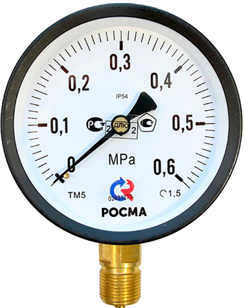 Манометр радиальный Росма ТМ-51GР.GG IP54 (G-G.6МПа) М2Gх1.5 1.5 общетехнический специального исполнения, 1GGмм, тип - ТМ-51GР, радиальное присоединение, шкала (G-G.6МПа), резьба М2Gх1.5, класс точности 1.5