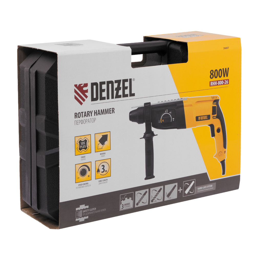 Перфоратор электрический RHH-800-26, SDS-plus, 800 Вт, 3 Дж, 3 плюс 1 реж. Denzel