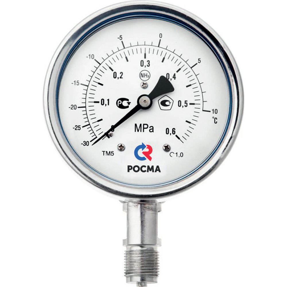 Манометр Росма ТМ-521Р.GG (G-G.6MPa)/(-3G-+1GC) G1/2 1.G NH3 двойная шкала аммиачный, коррозионностойкий виброустойчивый (готовый к гидрозаполнению) 1GGмм, тип - ТМ-521Р, радиальное присоединение, G-G.6МПа, резьба G1/2, класс точности 1.G