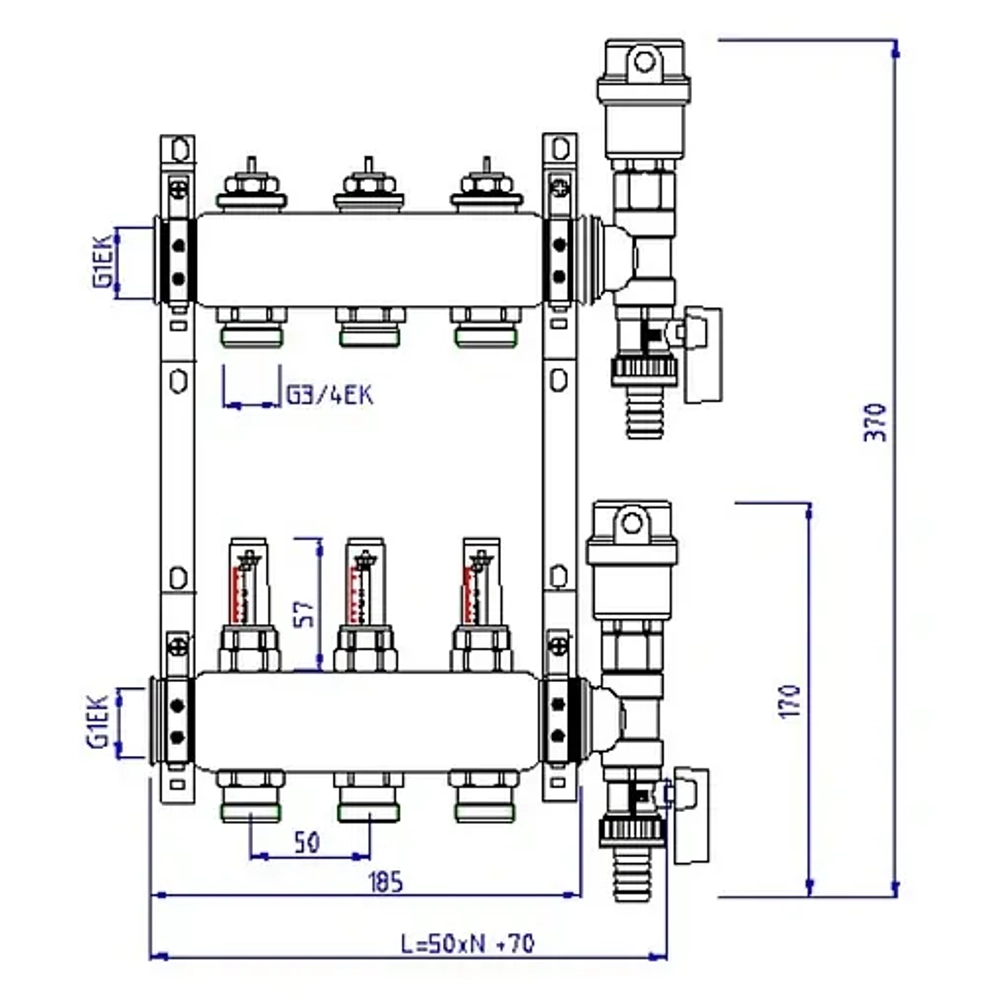 Группа коллекторная с расходомерами 10 отводов 1"в/в x ¾"ек Valtec VTc.589.EMNX.0610