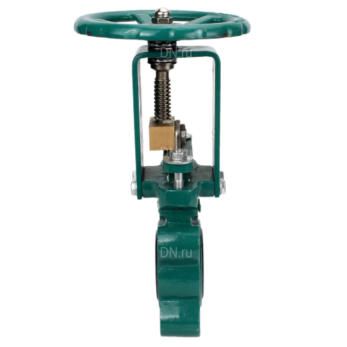 Задвижка шиберная DN.ru GVKR1331M-1W-Fb-S Ду100 Ру16 односторонняя, межфланцевая, шпиндель - выдвижной, корпус - чугун GGG40, шибер - нержавеющая сталь 304, уплотнение - металл, управление - штурвал