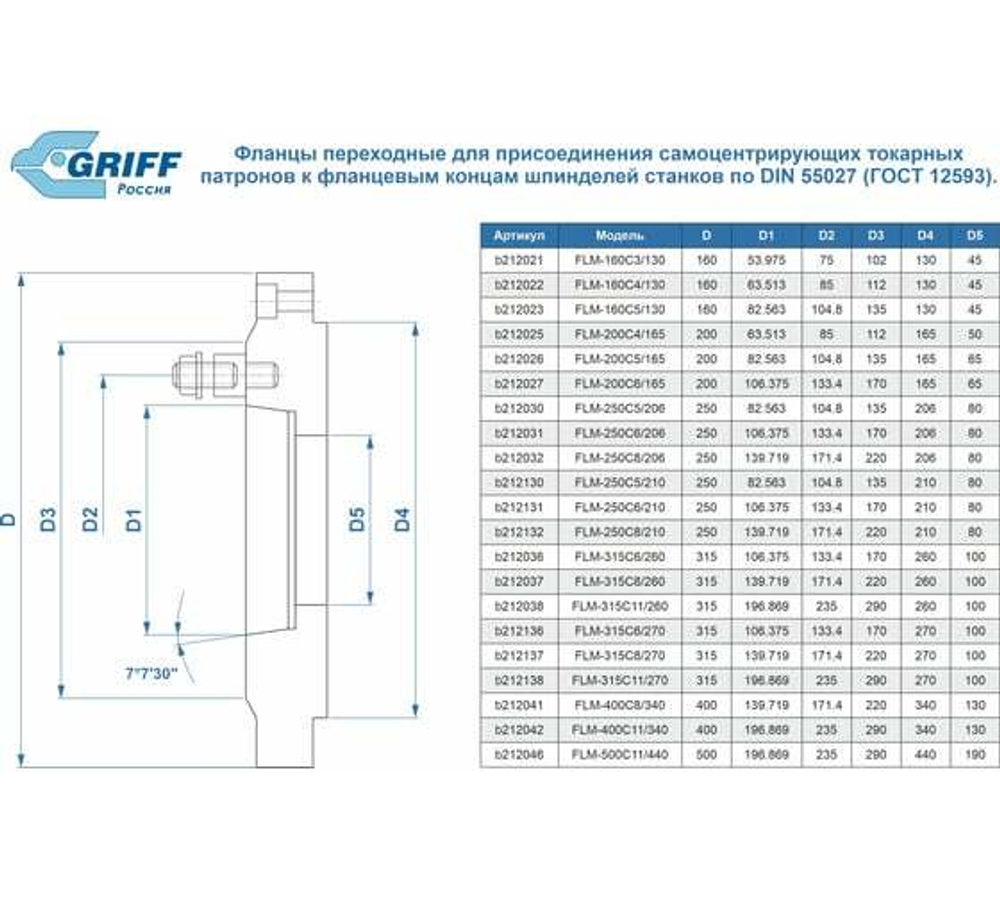 Фланец переходной FLM-250C6/206 для токарного патрона GRIFF b212031