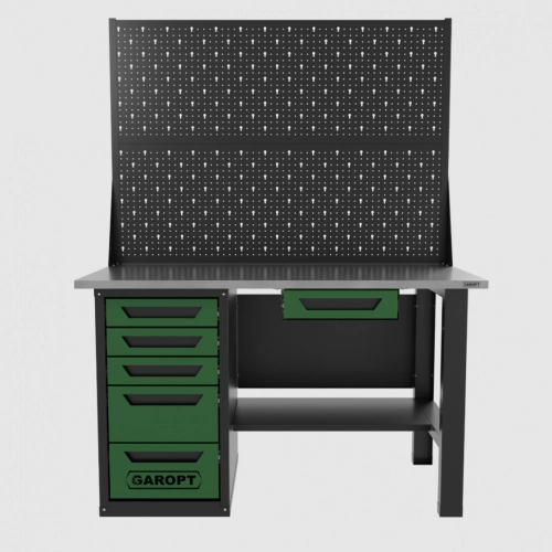 Верстак однотумбовый 5 ящиков с двумя экранами и ящиком, зеленый 1400*700 Garopt, GT1400STY1Y5PP2.green