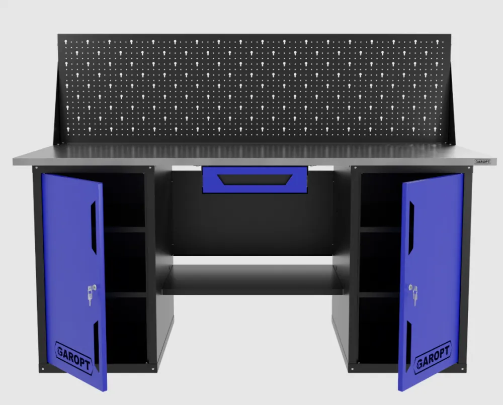 Верстак двухтумбовый с экраном и ящиком, синий 1800*700 Garopt, GT1800DDY1PP.blue
