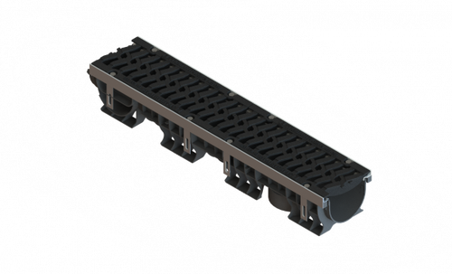 Лоток водоотводный пластиковый PolyMax Drive DN150 h166 с решеткой чугунной «шина» ВЧ кл.Е600 (к-т)