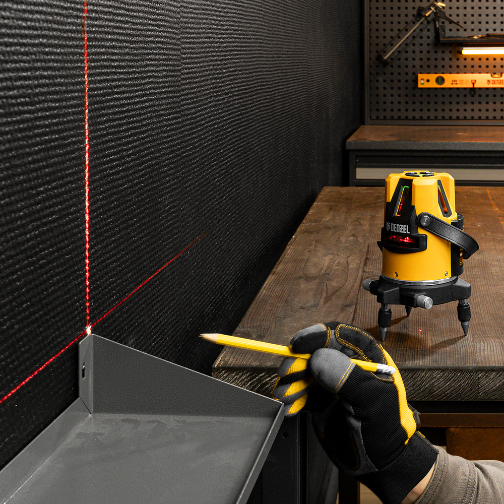 Лазерный уровень LX3, 10 м, ± 0,3 мм/1 м, 635 нм, 4 вертикальных, 1 горизонтальная плоскости, резьба 5/8" Denzel