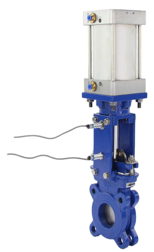 Задвижка шиберная ножевая DN.ru GVKR3431M-1W-Fb-2P Ду50 Ру10 односторонняя, межфланцевая, клин - однодисковый, шпиндель - выдвижной, корпус - сталь, уплотнение - металл, с пневмоприводом, пневмораспределителем 4V210-0824В, индукц. датчиками LJ12A3-4-J