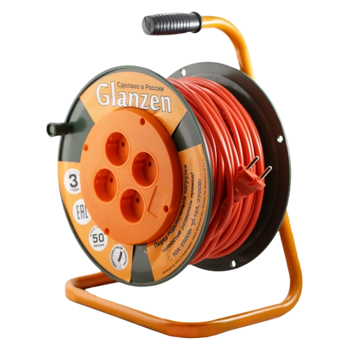 Удлинитель силовой на катушке GLANZEN 4 гн. ПВС 2х1,5 арт. EB-50-006