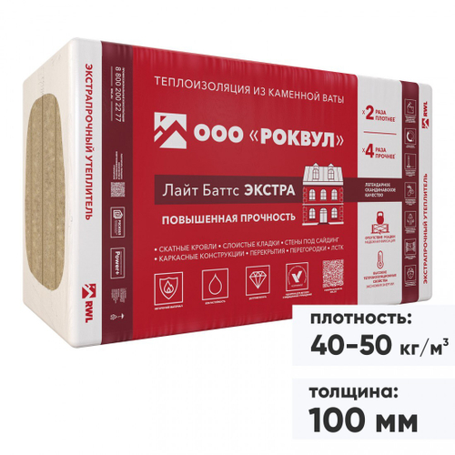 Минеральная вата Роквул Лайт Баттс Экстра 40-50 кг/м3 1000х600х100 мм, 4 шт/упак