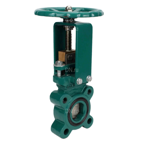 Задвижка шиберная DN.ru GVKR1331M-1W-Fb-S Ду100 Ру16 односторонняя, межфланцевая, шпиндель - выдвижной, корпус - чугун GGG40, шибер - нержавеющая сталь 304, уплотнение - металл, управление - штурвал