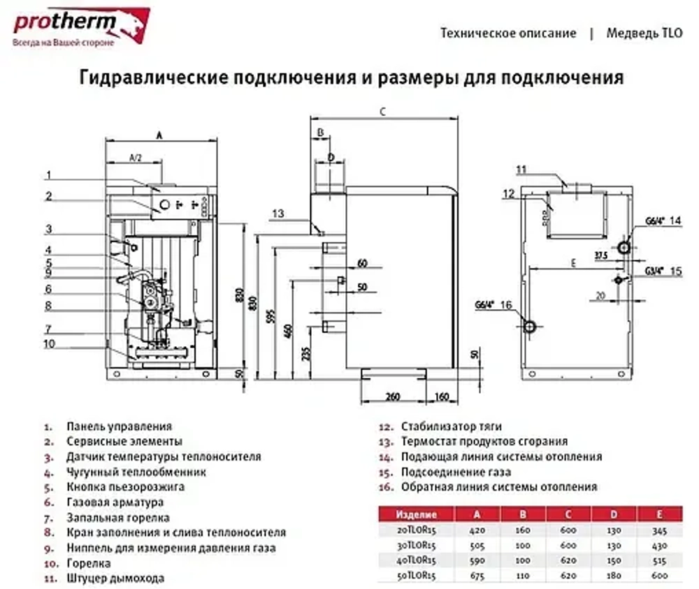 Котел напольный газовый Медведь 40 ТLО 35.0кВт (без электричества), с открытой камерой Protherm