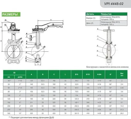 Затвор дисковый поворотный межфланцевый Ду200 Ру16 Tecofi VPI4448-02EP0200
