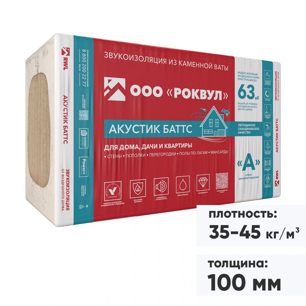 Минеральная вата Роквул Акустик Баттс 35-45 кг/м3 1000х600х100 мм, 5 шт/упак