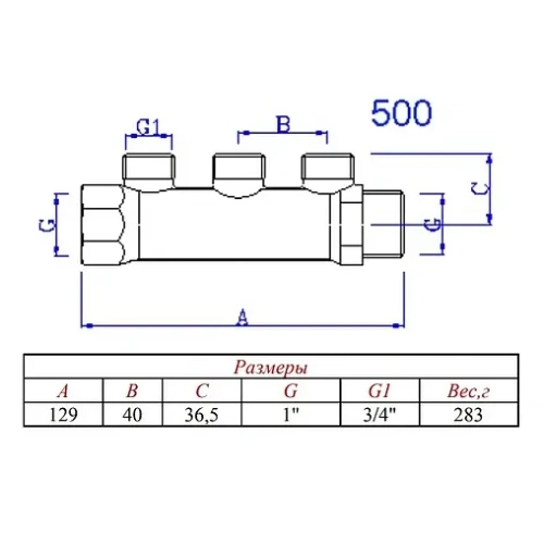 Коллектор распределительный проходной 3 отвода 1"в/н x ¾"ек Valtec VTc.500.NE.060503