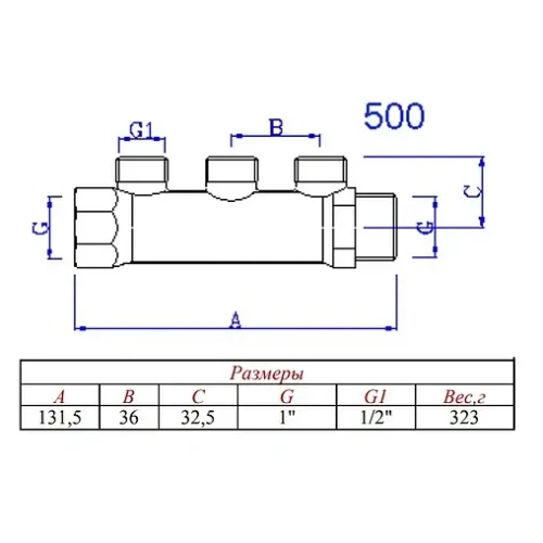 Коллектор распределительный проходной 3 отвода 1"в/н x ½"к Valtec VTc.500.N.0603