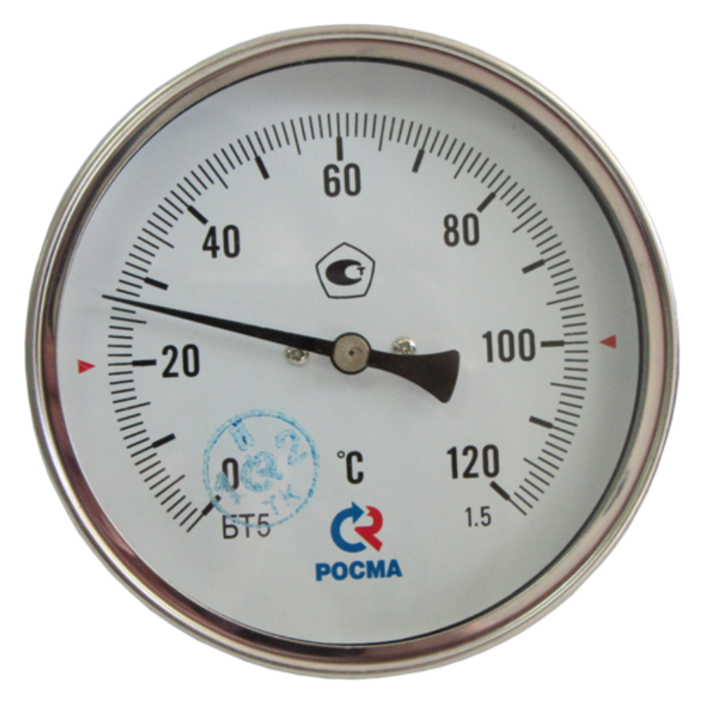 Термометр осевой Росма БТ-41.211 до 12G°С L=64мм G1/2 1.5 биметаллический общетехнический 8G мм, тип БТ-41.211, осевое присоединение, шкала G-12G°С, длина штока L=64 мм, резьба G1/2, класс точности 1.5, с защитной латунной погружной гильзой