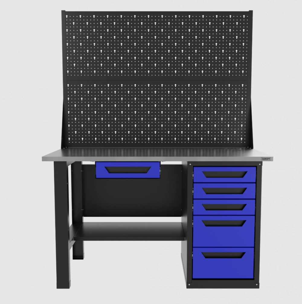 Верстак однотумбовый 5 ящиков с двумя экранами и ящиком, синий 1400*700 Garopt, GT1400STY1Y5PP2.blue