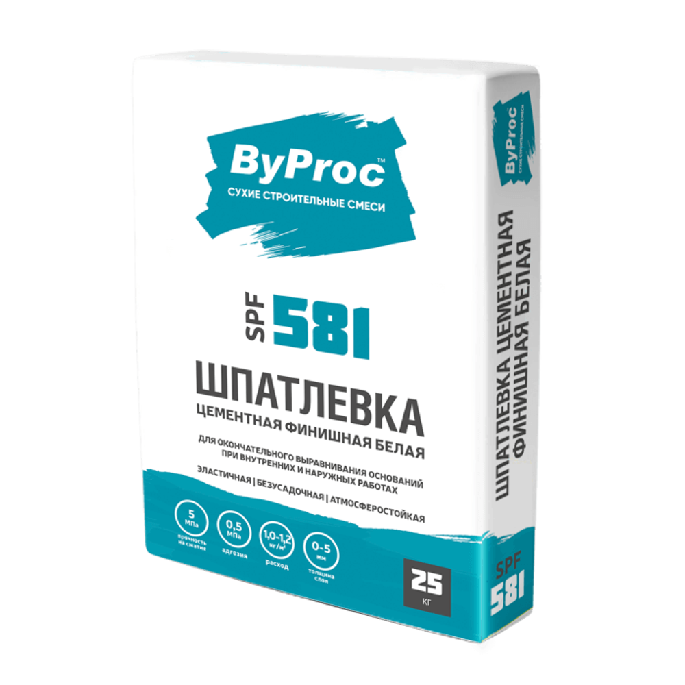 Шпаклевка цементная ByProc SPF-581 финишная белая, слой 0-2 мм, 25 кг, шт