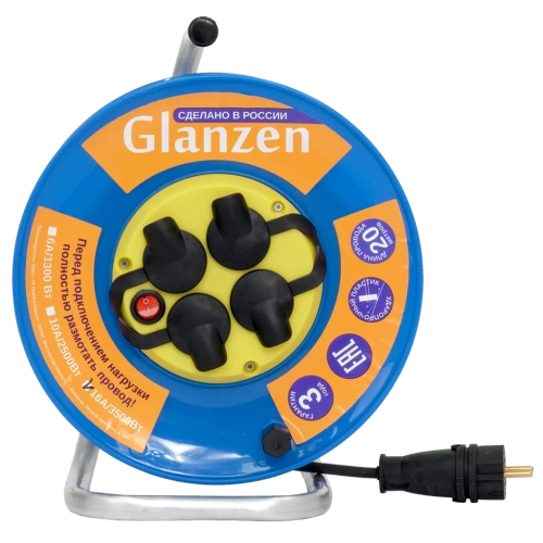 Удлинитель силовой на катушке GLANZEN с выкл. 4 гн. КГ 3х1,5 IP44 арт. EB-20-009