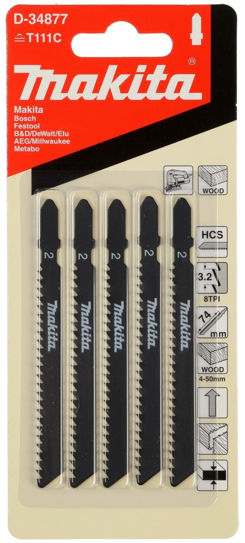 Лобзиковая пилка для дерева, 100 мм, HCS, 8TPI, 5 шт. Makita D-34877