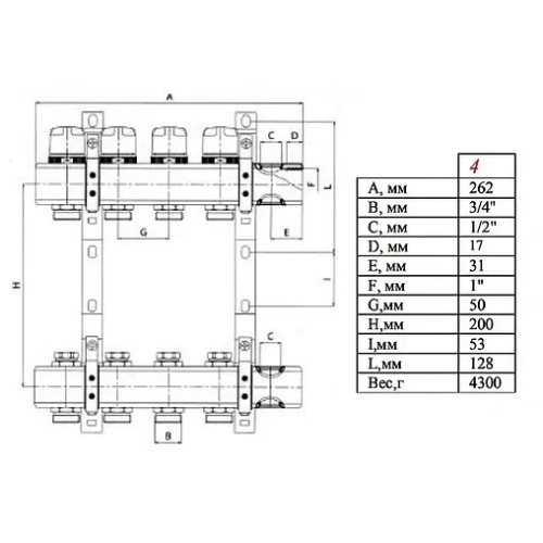 Группа коллекторная без расходомеров 4 отвода 1"в/в x ¾"ек Valtec VTc.594.EMNX.0604
