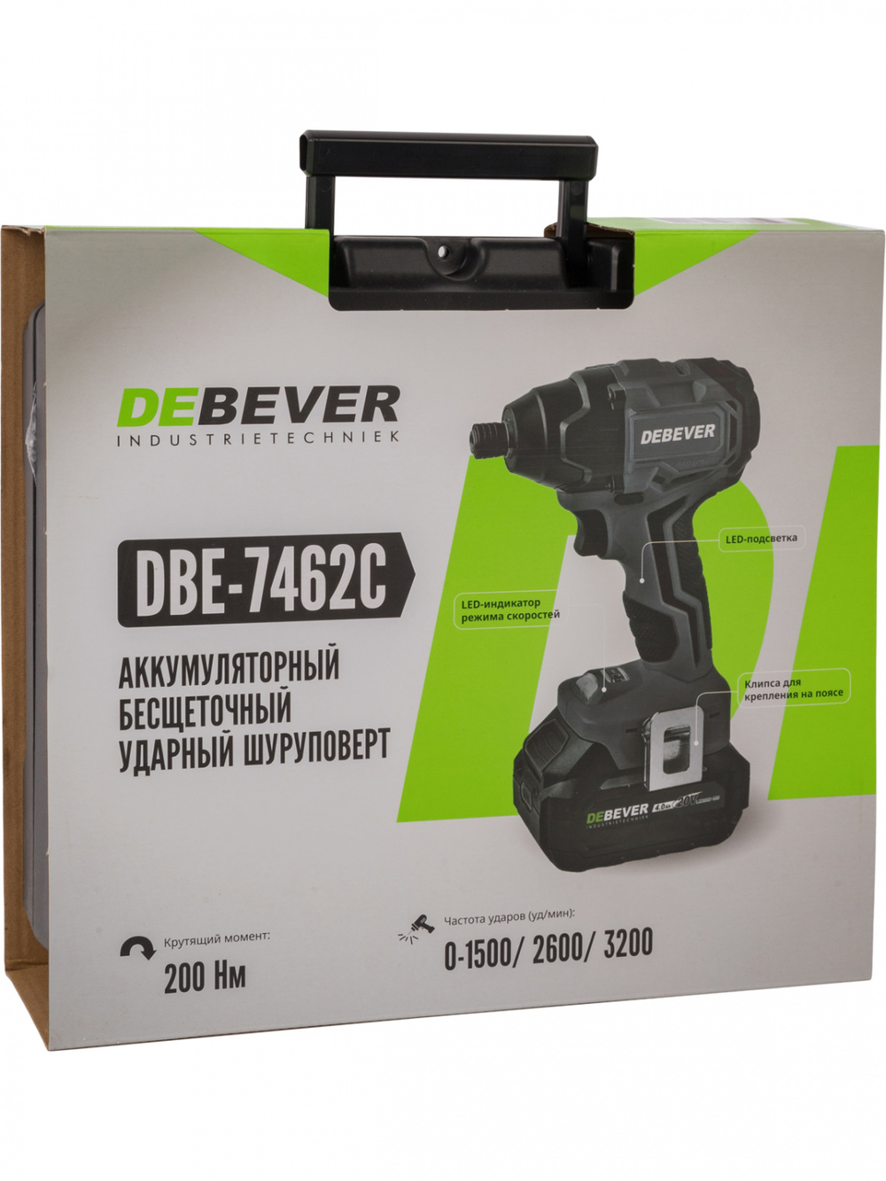 DBE-7462C Винтоверт аккумуляторный DeBever бесщеточный, ударный, шестигранник 1/4", 3 скорости, 200Nm, 20B