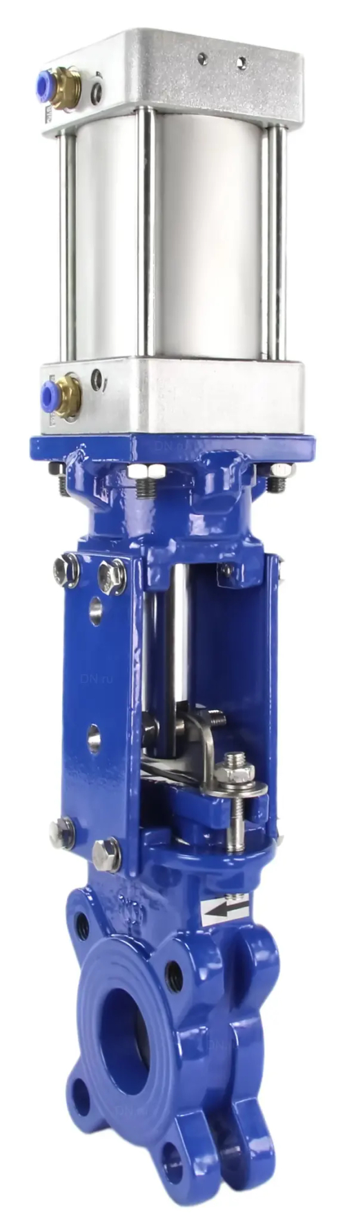 Задвижка шиберная DN.ru GVKR3431M-1W-Fb-2P Ду80 Ру10 односторонняя, межфланцевая, шпиндель - выдвижной, корпус - сталь WCB, шибер - нержавеющая сталь 304, уплотнение - металл, с пневмоприводом, WENZ