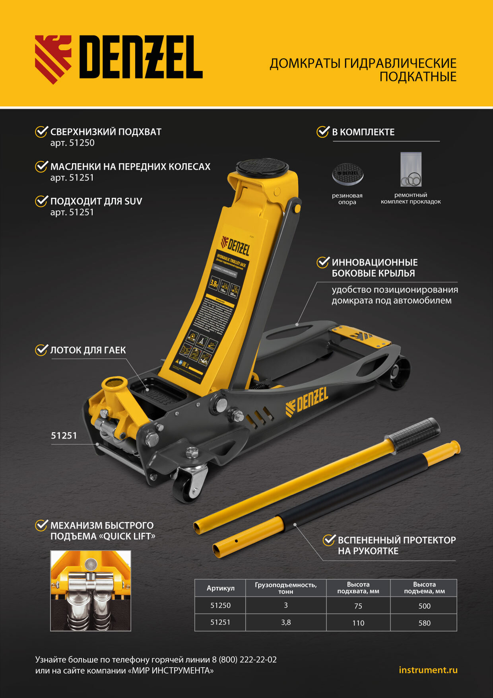 Домкрат гидравлический подкатной, 3,8 т, 110-580 мм, быстрый подъем, низкий подхват, проф. Denzel