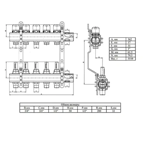 Группа коллекторная с расходомерами 6 отводов 1"в/в x ¾"ек Valtec VTc.596.EMNX.0606