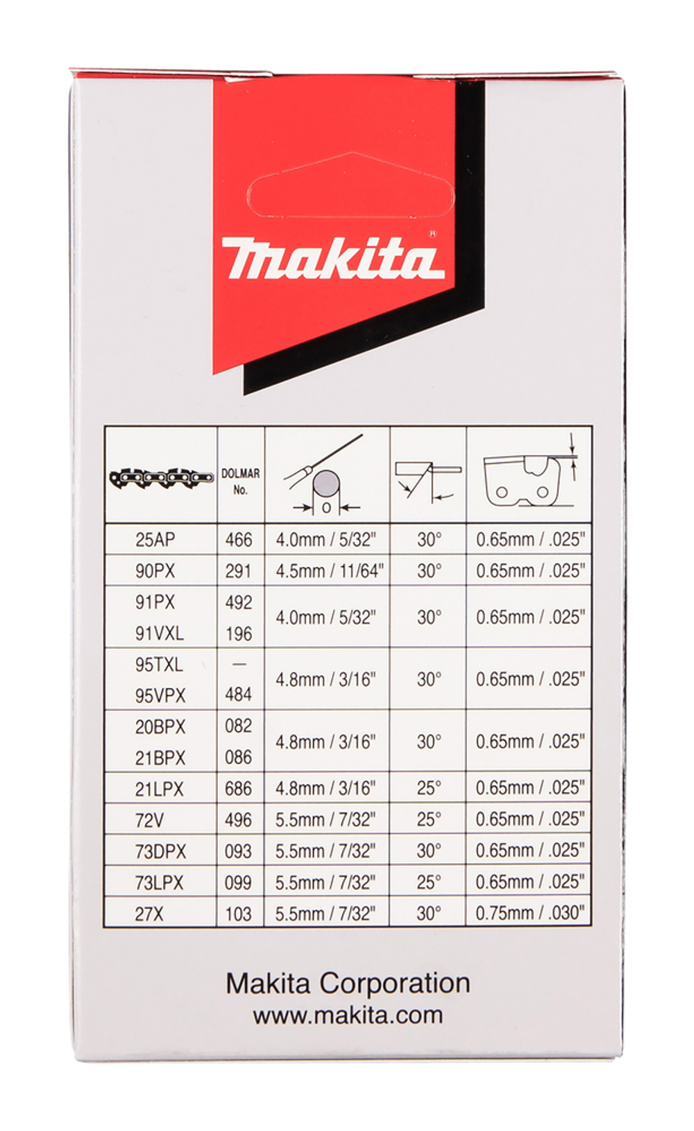 Цепь, длина 25 см/10, шаг 3/8, паз 1.3 мм, звеньев 39, 91VXL Makita 191H20-4