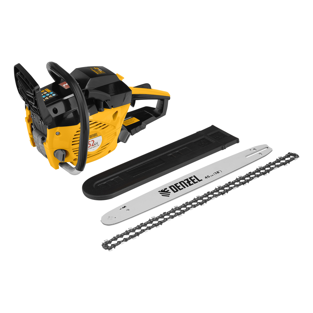 Пила цепная бензиновая DGS-5218, шина 45 см, 52 см3, 3.5 л.с, шаг 0.325, паз 1.5 мм, 72 звена Denzel